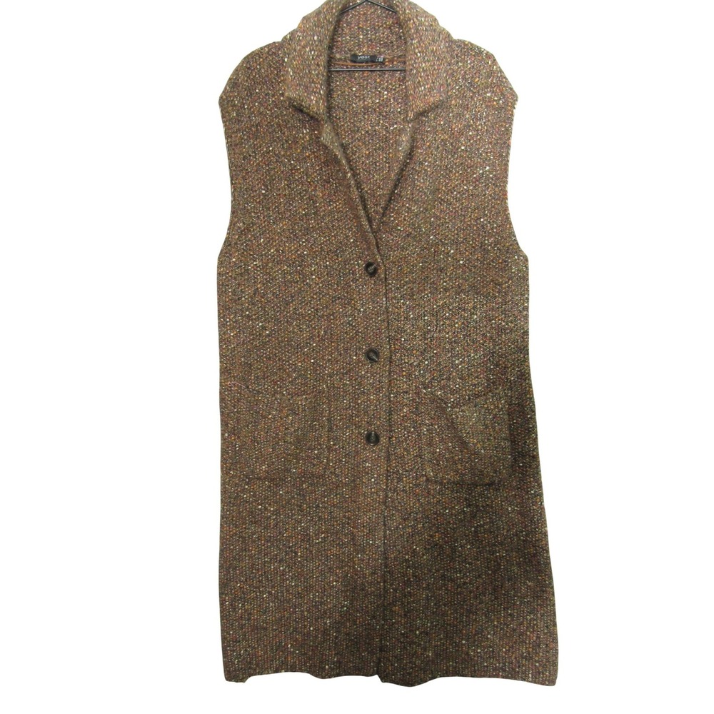 Yest Long Sweater Vest Womens 10/12 Brown Multi Tweed Button Front Collared Good
